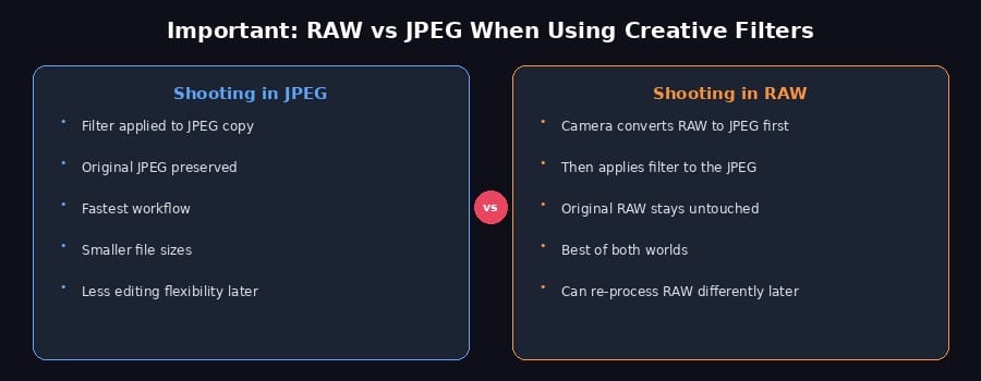 RAW vs JPEG comparison when using creative filters - both preserve originals, but RAW gets converted first