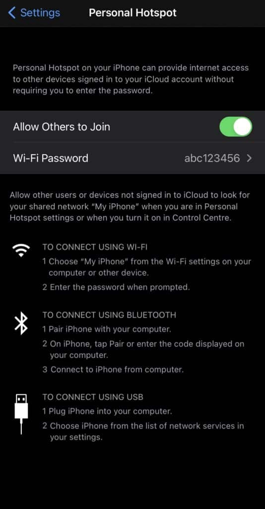 iPhone Personal Hotspot Turned On