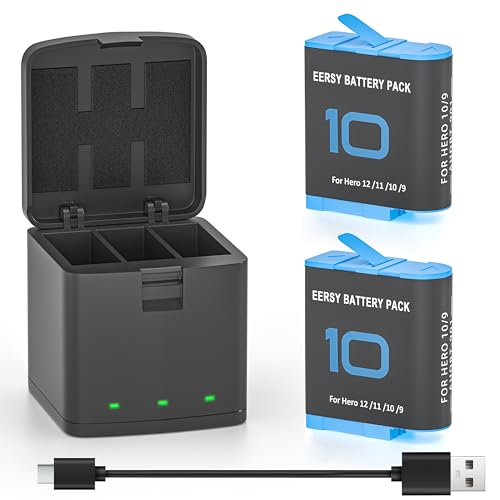 2 Pack Batteries fit for GoPro Hero 10, Hero 9 Black, 3-Channel Battery Charger Station for Hero 10/ Hero 9
