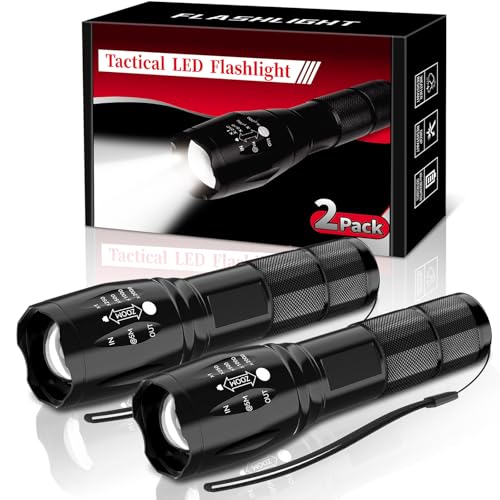 2 Pack Tactical Flashlights Torch, Military Grade 5 Modes 3000 High Lumens Led Waterproof Handheld Flashlight for Camping Biking Hiking Outdoor Home Emergency