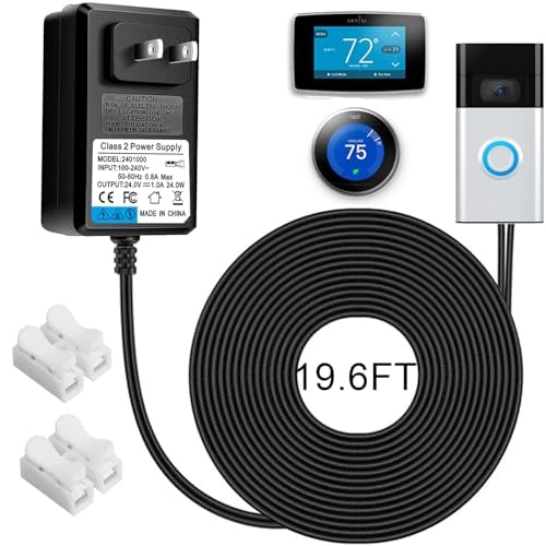 24V Doorbell Transformer 110V/120V AC to DC 24V Adapter Compatible with Ring Doorbell,Thermostat, swith LED Strip Light,Ring Pro doorbell,Ring Wired doorbell,Comes with Connector, Cord 19.6FT Black