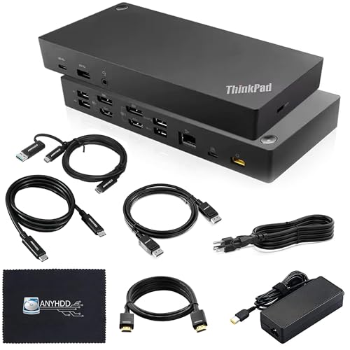 40AF0135US Lenovo Thinkpad Docking Station Dual Monitor Bundle - Lenovo Docking Station USB C with USB-A + USB Type-A Adapter + HDMI Cable + DisplayPort Cable + USB-C Cable + Microfiber Cloth (New)
