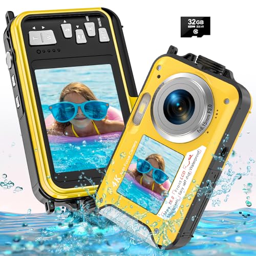 4K Underwater Camera with 32GB Card 1250mAh Battery 56MP Autofocus 11FT Waterproof Camera Dual-Screen Selfie 16X Waterproof Floatable Digital Camera Underwater Camera for Snorkeling, Yellow