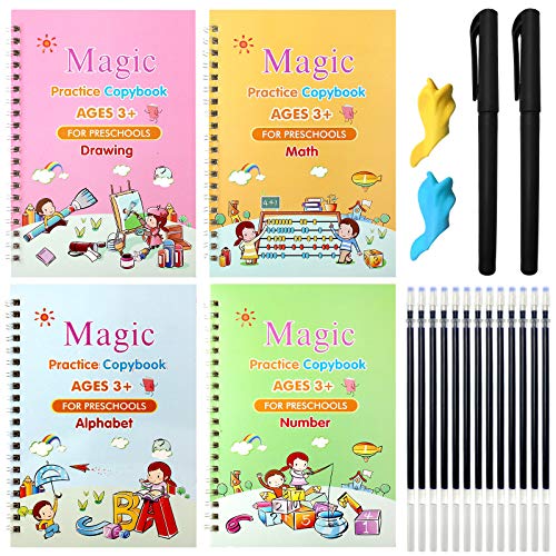 4PCS Reusable Grooved Handwriting Practice Workbook for Preschool Kids Age 3-5, Magic Practice Copybook for Student Tracing Letter Writing Book