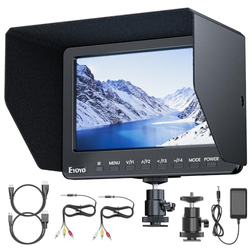 7 Inch Camera Field Monitor, 1024x600 External Video Monitor with Sunshade HD IPS Screen Photography Monitor HDMI AV Input Support 1080P for DSLR Cameras, Battery Not Included