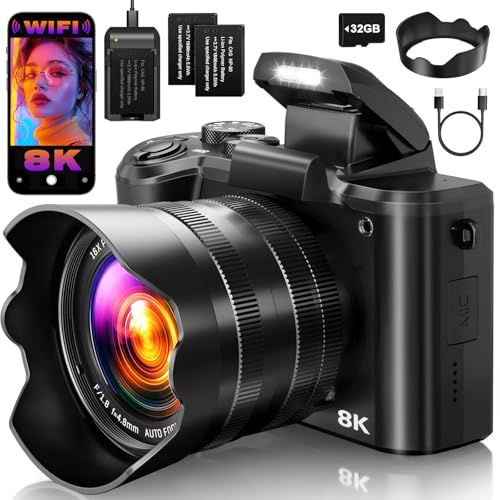 8K Digital Cameras for Photography, 2026 Autofocus 88MP WiFi Professional Photography Camera with Dual-Lens for YouTube, 16X Digital Zoom, TF Card, Lens Hood, Touch Screen,2 Batteries & Charging Stand