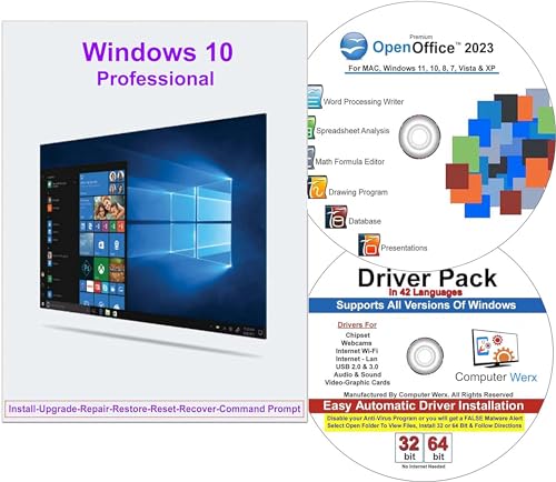 9th & Vine Compatible with/Replacement for Windows 10 Professional 32/64 DVD with Key Install, Recover, Restore, Repair DVD Plus Drivers Pack and Open Office 2023, 3PK