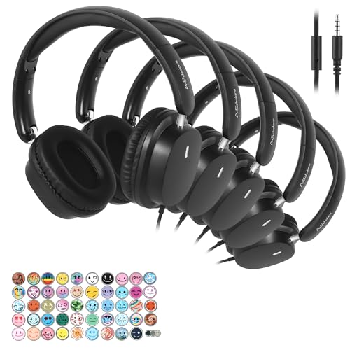 A+ Scholars Kids Headphones for School Bulk Set 5-Pack On-Ear, 3.5mm, Wired Headphones for Schools & Libraries – Adjustable, Cushioned Headphones (Black)