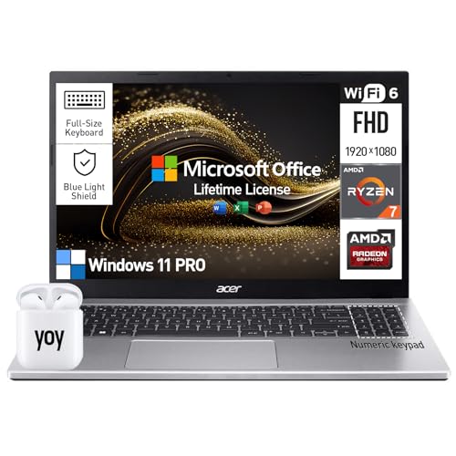 Acer Aspire 3 15.6 Laptop Computer, 15 Inch FHD College Students & Business Laptop PC, AMD Ryzen 7, 64GB RAM 1TB SSD, Windows 11 Pro, Lifetime Office, Numeric Keyboard, Ethernet Port, HDMI, Camera