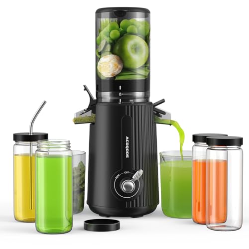 ACOQOOS Cold Press Juicer Machines with 10 Glass Juice Bottles, Cold Press Juicer Whole Fruit and Vegetable with 4.3" Feeding Chute, Easy to Clean Juicers with 2 Cups, Masticating Juicer Black