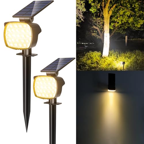 Adiding Solar Spot Lights Outdoor, 2 Pack Solar Lights for Outside with Optical Lenses, 3 Brightness Spotlight Landscape Lighting, Auto ON/Off Outdoor Solar Lights for Yard,Garden,Lawn, Warm Light