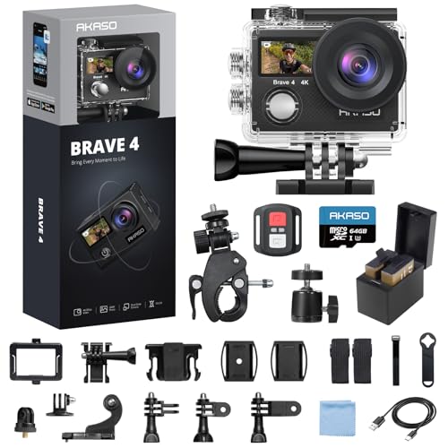 AKASO Brave 4 Action Camera 4K 30fps with 64GB MicroSDXC Memory Card Accessories Kit Bundle, 20MP Ultra HD 131FT Waterproof Underwater Camera EIS WiFi Remote Control 5X Zoom Sport Cameras