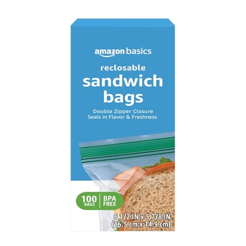 Amazon Basics Reclosable Sandwich Double Zipper Storage Bags, 100 Count, Pack of 1