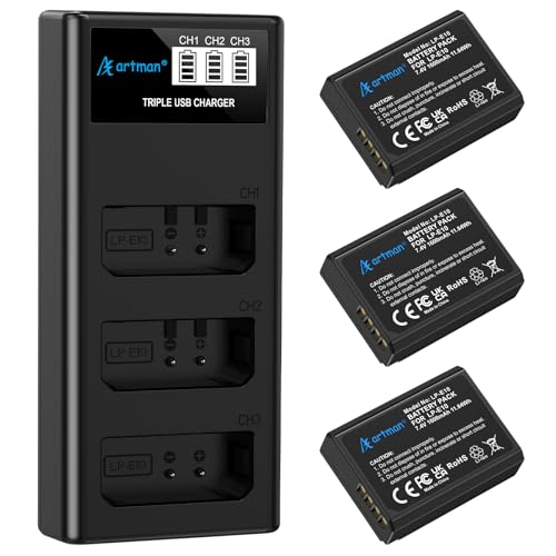Artman 3-Pack LP-E10 Batteries 1600mAh and 3-Slot LCD Charger Pack for Canon EOS Rebel T7 T6 T5 T3 T100 Kiss X50 Kiss X70 EOS 1100D 1200D 1300D 2000D Digital Cameras