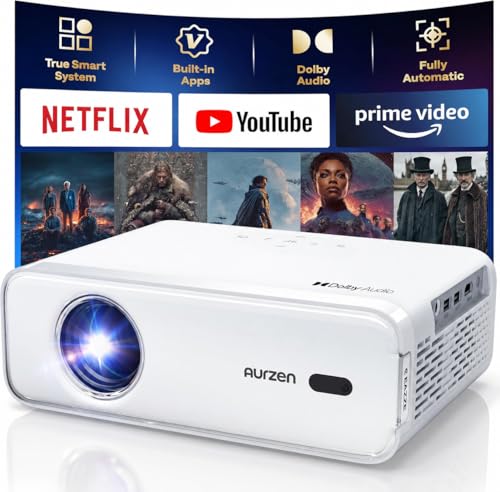 Aurzen EAZZE D1 Smart Projector with WiFi and Bluetooth, Netflix-Officially-Licensed, Auto Focus & Keystone, DoIby Audio, Zoom, Native 1080P Movie, Portable Outdoor Mini Projector, White