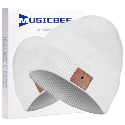 beanie Bluetooth, MUSICBEE Bluetooth V5.2 Wireless Knit Winter Cap, 24 Hour Play time, Built-in Microphone and HD Stereo Speakers(White
