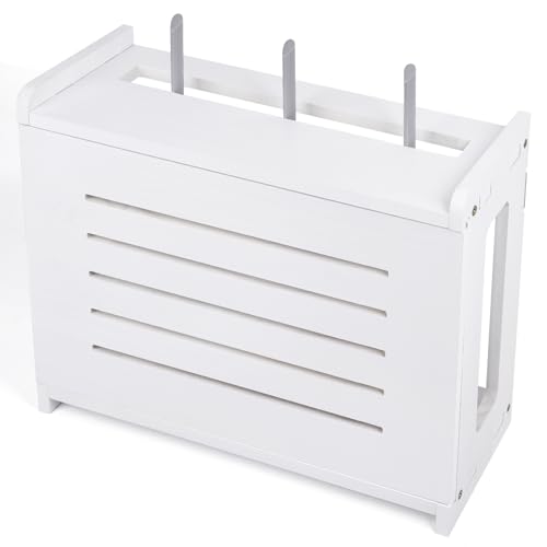 BEARUT Wooden Router Shelf Wall Mount WiFi Router Storage Box Modem Cable Router Cover Organized Power Strip Cable Management Hider Rack by Solid Wood Need Assembly White