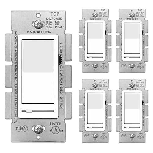 BESTTEN 5 Pack Dimmer Wall Light Switch, Single Pole or 3-Way, Compatible with Dimmable LED, CFL, Incandescent and Halogen Bulb, 120VAC, White