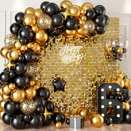 Biapian Gold Shimmer Wall Backdrop, 24PCS Square Sequin Shimmer Wall Panels Color Laser Gold Glitter Photography Props for Party Decorations Indoor or Outdoor Wedding Bachelorette Engagement