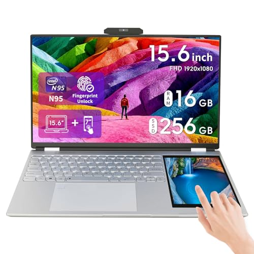 BINTEC 15.6 Inch LCD Screen + 7 Inch Touch Screen Dual Screen Laptop Computer for College Student & Business,16GB DDR4,Quad-Core Intel Celeron N95 up to 3.4GHz,Windows 11 Silver/ 256G SSD