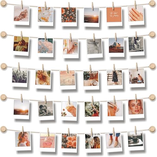 BIZYAC Hanging Photo Display Room Wall Decor - Sculptural Picture Frames Collage - 5 Strings with 30 Clips - 3M Self Adhesive Hooks - No Holes Drilling - 30 x 30 inch