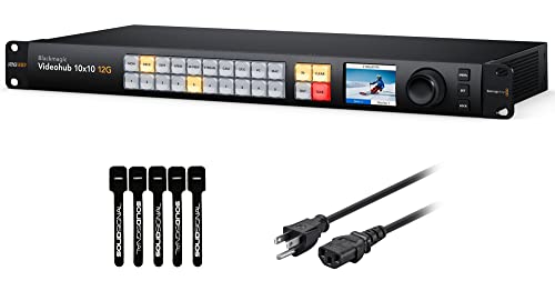 Blackmagic Design Videohub 10x10 12G Zero Latency Video Router with 6ft Power Cord and 5 Pack of SolidSignal Cable Ties (VHUBSMAS12G1010)