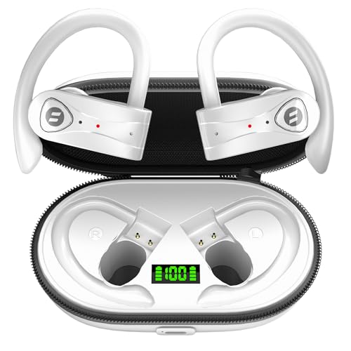 Bluetooth Headphones Noise Canceling 4 Mics Clear Call Stereo Bass Sound 60H Playtime Wireless Charging Case Over Ear Earphones LED Digital Display Headset with Earhooks for Sports Running Workout Gym