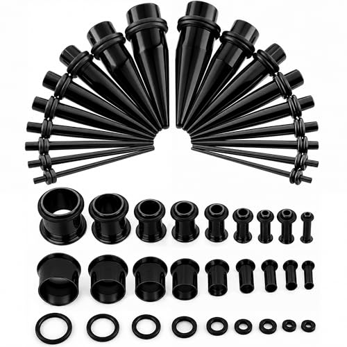 BodyJ4You 36PC Ear Stretching Kit - 14G-00G Beginner Gauges - Black Steel Tapers Single Flare Plugs Tunnels - Stretchers Expanders Eyelets