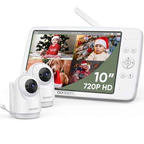 bonoch MegaView Baby Monitor, 10" Video Baby Monitor with 2 Cameras, 10000mAh Battery, Quad Split Screen Baby Monitor with Camera and Audio, VOX Mode, Auto Night Vision, Remote PTZ, Hack Proof