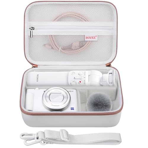 BOVKE Carrying Case for Sony ZV-1 / ZV-1F / ZV-1 II Vlog Digital Camera & Bluetooth Grip Vlogger Accessory Kit for Vlogging YouTube Live Video Streaming, Mesh Pocket for Accessories, White Rosegold