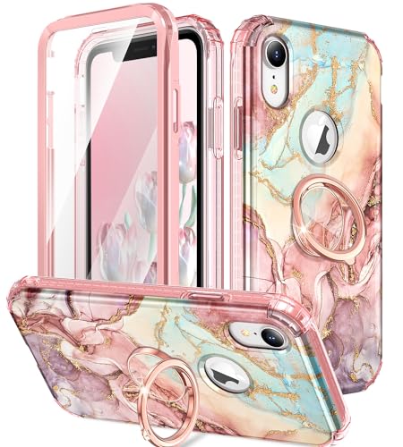 Btscase Compatible with iPhone XR Case, Built-in Screen Protector with 360° Ring Holder Kickstand, Full Body Dual Layer Rugged Shockproof Protective Cover for iPhone XR 6.1 Inch, Rose Gold