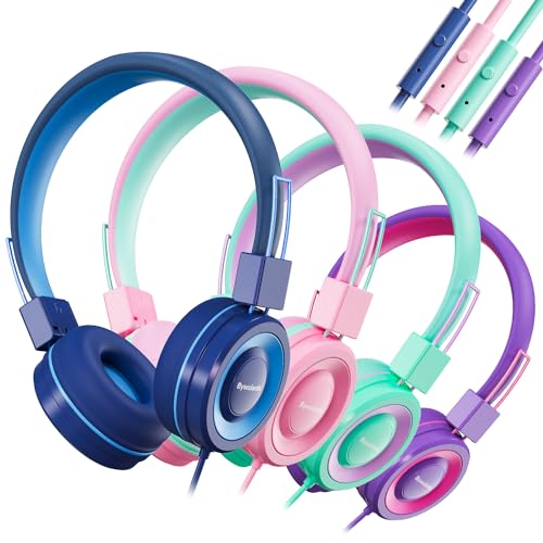 Bywulanda Wired Kids Headphones with Microphone for School(4 Pack), 3.5mm Headphone with 94dB Volume Limited, Foldable, Colorful (Mixed Color) Headphones for Girls/Boys/Students/Classroom/Travel