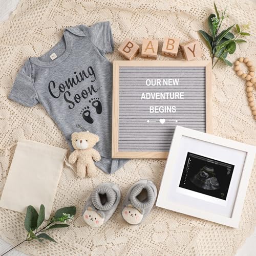 Canlierr 9 Pcs Pregnancy Announcement Set Pregnancy Reveal Ideas Felt Letter Board Baby Bodysuit Baby Booties Photo Frame Bear Plush Baby Wood Blocks for Coming Soon Baby Announcement (Gray, Classic)