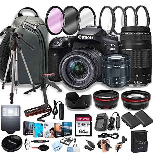 Canon EOS 90D DSLR Camera w/EF-S 18-55mm F/4-5.6 STM Zoom Lens + 75-300mm F/4-5.6 III Lens+ 64GB Memory Cards, Professional Photo Bundle (42pc Bundle) (Renewed)