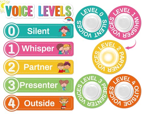 Colorful Voice Level Poster with 5 Pack Puck Lights Class Noise Level Display Educational Management Noise Monitor Supplies Rules Sign for Teacher Must Haves Classroom Essentials Elementary School