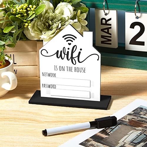 Compatible with Wifi Password Sign Wooden table Rustic Guest Room Compatible with Wifi Sign with Whiteboard, Board Erasable Pen, Stand, Hook for Home Desk Wall Hanging (Medium, 7.87 x 5.9 Inch)