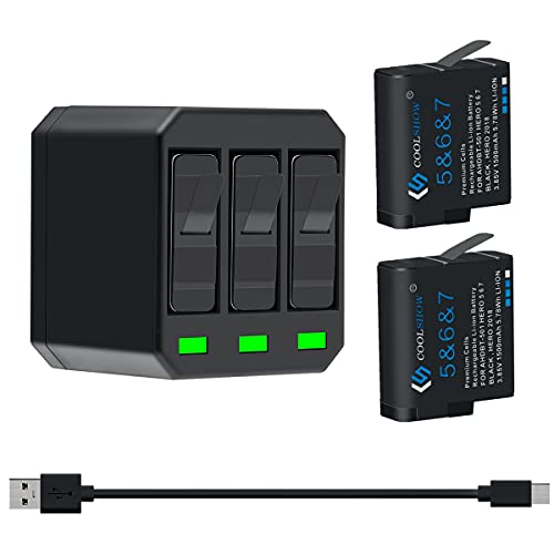 COOLSHOW Hero 7 6 5 Battery Replacement (2 Packs) and Triple Hero 7 Charger Compatible with GoPro Hero 7 Black,Hero 6 Black, Hero 5 Black, Hero 2018 and Charger Compatible with Hero 8