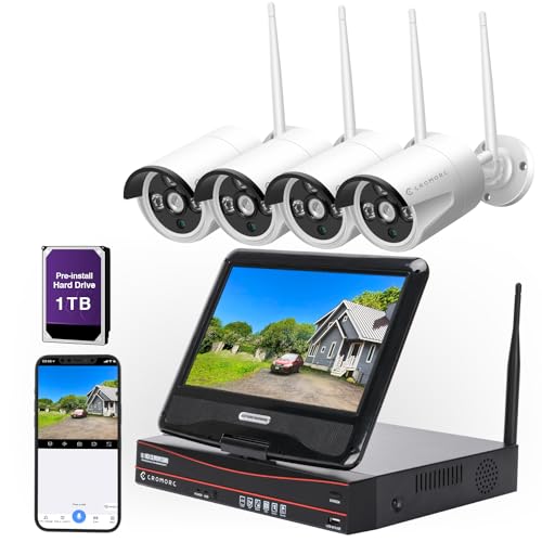 Cromorc 10CH Expandable Wireless Security Camera System with 10.1" Monitor 4pcs 3MP Indoor Outdoor Camera 1-Way Audio Night Vision Motion Detection Home Business CCTV Surveillance 1TB HDD