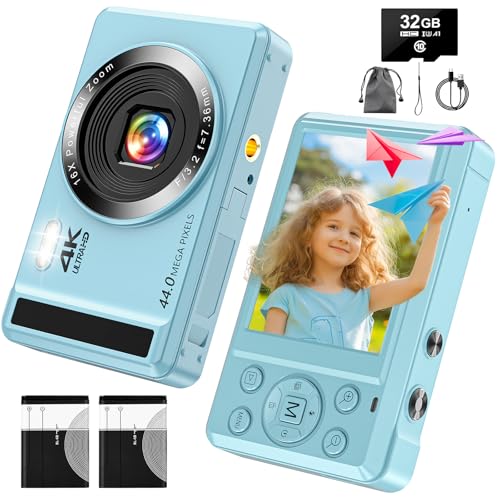 Digital Camera - 4K Digital Cameras for Photography - 44MP UHD Point and Shoot Camera for Kids - Autofocus Small Compact Cameras 16X Zoom - Portable Vlogging Camera with 32GB Card for Teens Girls Boys