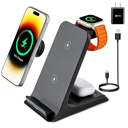 eazpower Wireless Charger for Thick Cases of 10MM/Otterbox/Popsocket Compatible, 3 in 1 Charging Dock for iPhone 16 15 14 13 12 Pro Max, Charging Station for Multiple Devices for Apple Watch/AirPods