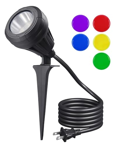 EDISHINE Halloween 120V LED Outdoor Spotlight, 5 Extra Lenses (RGB Purple Blue), 4.8W 5000K Plug in Spotlight Outdoor, Waterproof Landscape Light for Yard, Holiday Tree Flag Light, UL Listed