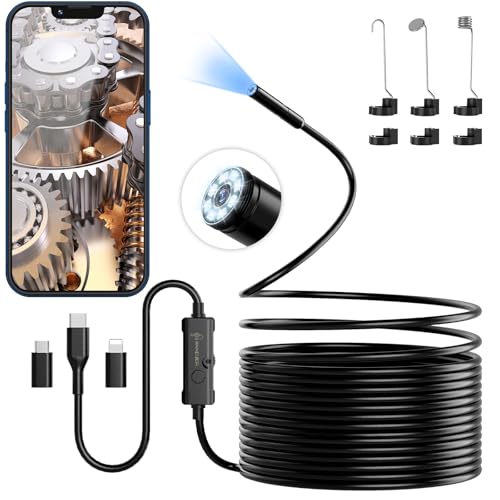 Endoscope Camera with Light, 1920P HD Borescope Camera with 8 Adjustable LED Lights, 16.4ft Semi-Rigid Snake Camera with Light, IP67 Waterproof 7.9mm Inspection Camera for iOS and Android