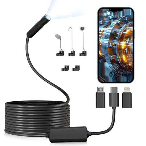 Endoscope Camera with Light, Borescope with 8 Adjustable LED Lights, Endoscope with 16.4ft Semi-Rigid Snake Camera, IP67 Waterproof Inspection Camera for iOS and Android (Black)