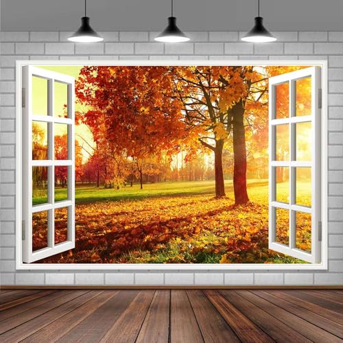 Fall Window Backdrop Autumn Landscape Forest Photography Background Fall Garden Photoshoot Season Natural Scenery Banner Decoration Fall Thankgiving Party Supplies Photo Studio Booth Props 5X3FT