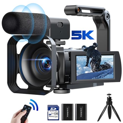 FIREFOTO 5k Video Camera 56MP Camcorder 16x Digital Zoom Vlogging Camera WiFi 3” 270° Rotation Touchscreen Recorders for YouTube with 2 Batteries,64G SD Card,Remote Control, Microphone, Lens Hood