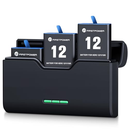 FirstPower Hero 12/11/10/9 Battery 3-Pack 2250mAh and Triple Slot USB Fast Charger Fully Compatible with GoPro Hero 12, GoPro Hero 11, GoPro Hero 10, GoPro Hero 9 Official