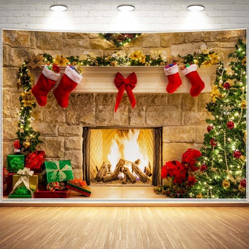 Haboke 7x5ft Christmas Fireplace Theme Backdrop for Photography Tree Sock Decorations for Xmas Party Supplies Photo Background Pictures Banner Studio Decor Booth Props