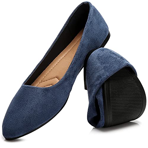 HEAWISH Women’s Black Flats Shoes Comfortable Suede Pointed Toe Slip On Casual Ballet Flats Dress Shoes Nude Flats(Navy, US7)