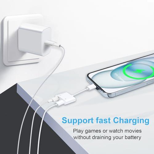 HianDier Lighting to 3.5 mm Headphone Jack Adapter for iPhone Dongle 2 in 1 Charger and Aux Audio Splitter Adapter Compatible with iPhone 14 13 12 11 XS XR 8 7, Support All iOS System… White