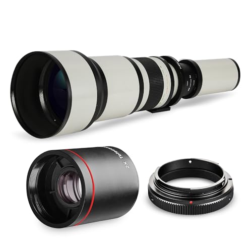 High-Power 650mm-2600mm f/8 Manual Telephoto Lens for Canon EOS 80D, EOS 90D, Rebel T3i, T5, T5i, T6i, T6s, T7, T7I, T8I, SL3, EOS 60D, EOS 70D, 5D, EOS5D IV, EOS 6D II, EOS 7D II SLR Cameras - White